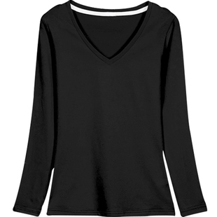 黑色v领上衣女打底衫长袖T恤显瘦薄款洋气鸡心领春秋百搭内搭纯棉
