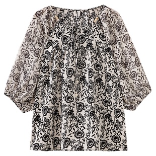 水云间波西米亚风雪纺衫女灯笼袖上衣七分袖薄纱小衫2025夏季新款