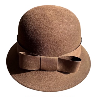 淑女风咖啡色羊毛礼帽女冬季复古蝴蝶结圆顶宽檐保暖显脸小名媛帽