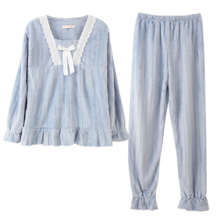 春秋冬季睡衣女加厚法兰绒冬天珊瑚绒甜美可爱学生保暖家居服套装