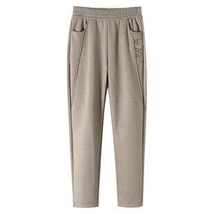 妈妈裤子春款中老年加绒女裤春秋冬季奶奶裤加厚老年人松紧腰绣花