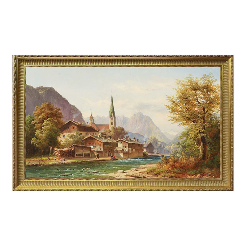 美式客厅走廊背景墙挂画古典乡村山水风景流水生财油画高清装饰画