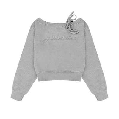 NEW 10/17｜韩系字母刺绣露肩绑带浅灰色卫衣斜肩短款长袖上衣女