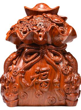 花梨木雕刻福袋子摆件实木制家居客厅桌面装饰工艺品乔迁开业送礼