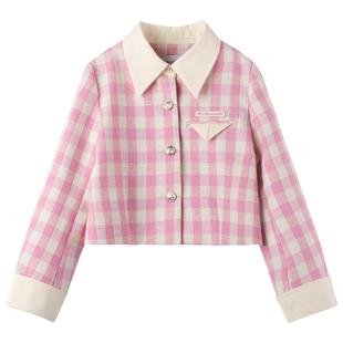【甜心公主】女童千金小香外套粉白格儿童格纹上衣甜系百褶半裙