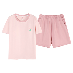 睡衣女士短袖夏季带胸垫一体纯棉圆领短裤防凸点贴家居服两件套装