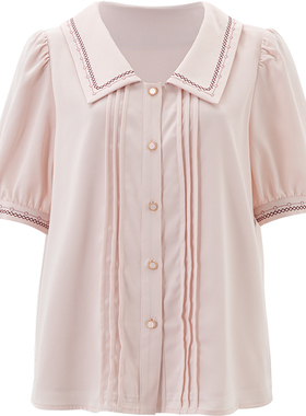 梅雪粉色衬衫女夏季新款设计感刺绣娃娃领甜美压褶修身小衫