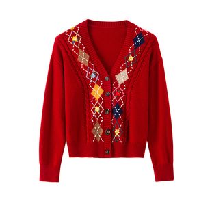 BANANA CICI2025年冬季新款复古撞色菱格手工绣花V领羊毛针织开衫