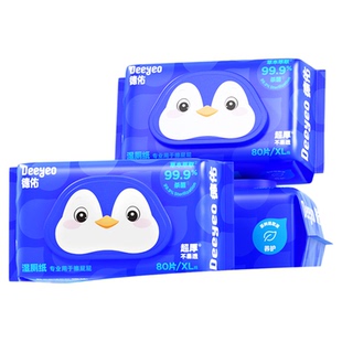 会员精选Deeyeo德佑蓝色企鹅湿厕纸80抽3大包箱装