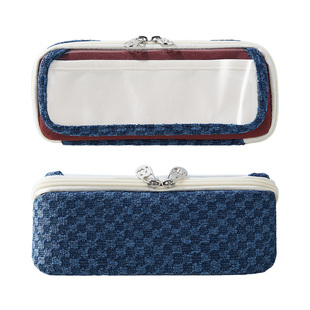 嗨士袋 棋盘格翻盖三角笔袋2026年新款大容量可立式高颜值ins风简约男孩初中高中生小众不撞款透明痛包文具盒