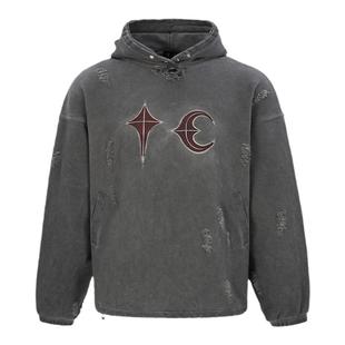 Thug Club 23fw 拼皮破坏金属排扣帽衫水洗做旧卫衣 朴宰范同款韩