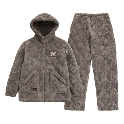 男士冬季三层珊瑚绒夹棉袄睡衣