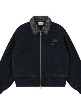 GOODBAI 粗体logo贴布绣撞色格纹翻领正肩拉链外套