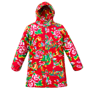 中长款大花布棉袄带帽子男士加厚保暖棉服纯手工棉花雪乡外套冬季