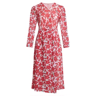 黛玛诗法式V领印花茶歇裙2025秋新款气质收腰网纱连衣裙女度假风