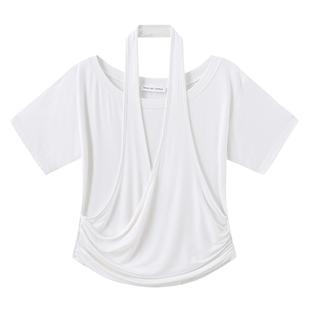 SHALL NOT UNTRUE 假两件挂脖短袖T恤女设计感堆叠感收腰显瘦上衣