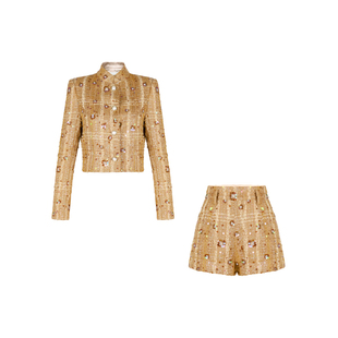 XULU原创重工订珠老钱感轻奢优雅黄色小香风短款外套高腰短裤套装