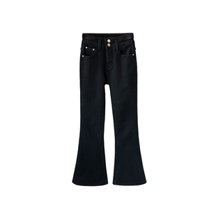 保暖时髦两不误！~黑色微喇叭牛仔裤女冬加绒加厚高腰显瘦长裤新