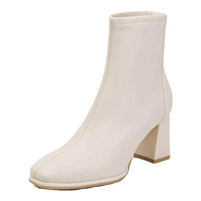 方头弹力白色法式粗跟加绒瘦瘦靴