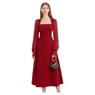 DPLAY红色连衣裙收腰结婚长款长袖裙子订婚礼服红裙长裙敬酒服女