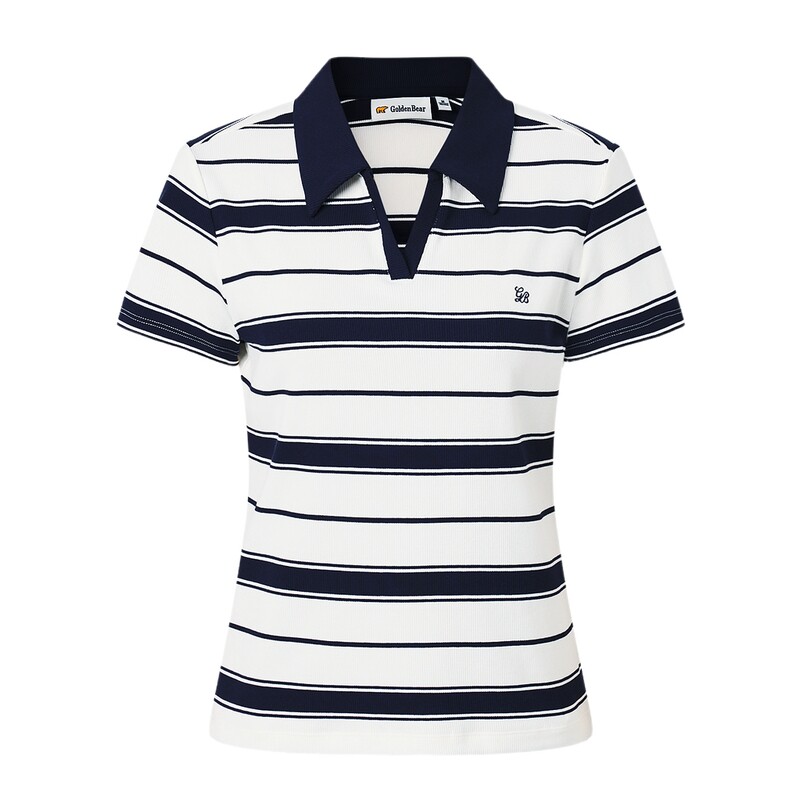 【夏季新品】GOLDEN BEAR/金熊女士2026条纹收腰剪刀领短袖POLO衫