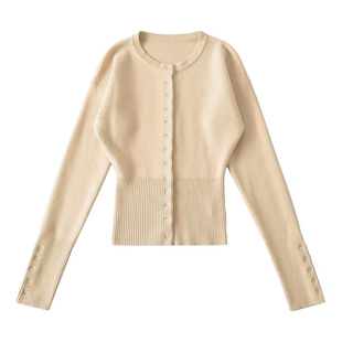 【包邮】欧美风新款时尚高腰单排扣针织开衫圆领收腰显瘦气质毛衣