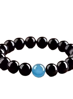 黑曜石手串海蓝宝转运珠女手链男女款海蓝宝缺水补水节日礼物上岸