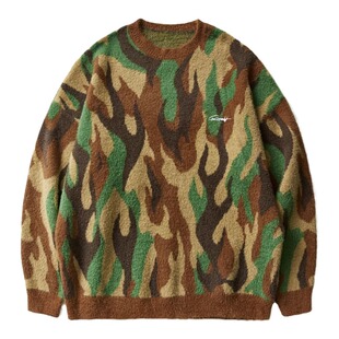Remedy秋冬新款火焰迷彩美式套头圆领毛衣街头宽松潮牌针织衫男女