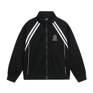 秋季美式学院风条纹运动国潮立领重磅卫衣男拉链开衫情侣潮牌外套