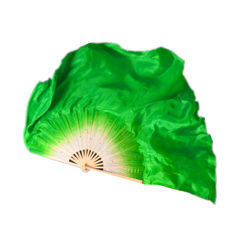 独舞映山红双面加长真丝绿色渐变扇配套红色丝巾胶州秧歌舞蹈扇子
