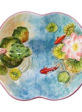 美式乡村青蛙莲花糖果碗荷花果盘陶瓷家居婚庆工艺摆件创意新中式