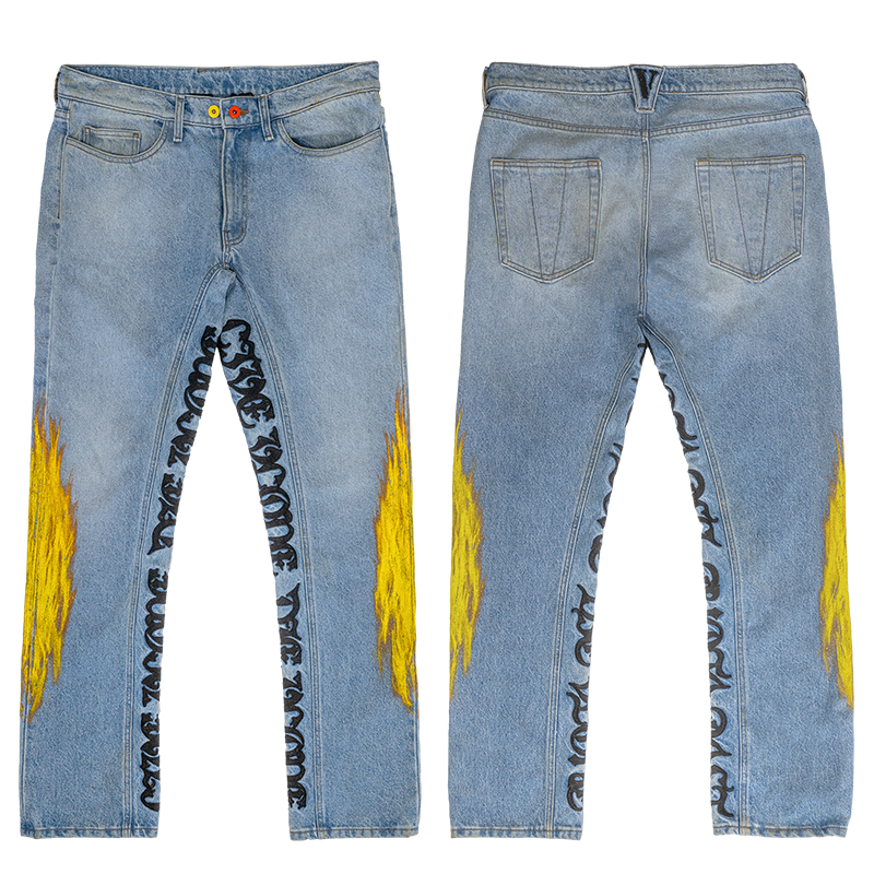 VLONE美款「TSFF」不羁焰影 LVDV刺绣火焰印花图案直筒牛仔裤蓝色