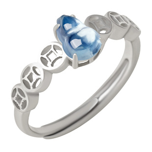 宫里上新海蓝宝戒指女葫芦蓝色宝石铜钱纯银旺财送妈妈生日礼物