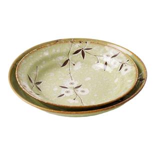 小鹿田烧日本进口绿樱花深盘陶瓷咖喱饭盘日式餐盘菜盘子家用汤盘