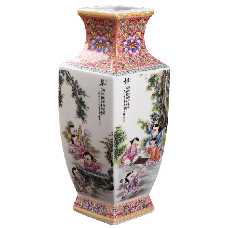 景德镇陶瓷器仿古粉彩童子四方花瓶家居客厅电视柜玄关摆件装饰品