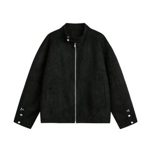 NEVERNEED棕色哈灵顿boxy短款夹克男美式cleanfit情侣麂皮绒外套