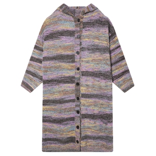 白鹿语复古连帽长款毛衣外套25秋冬新款宽松慵懒风气质针织开衫