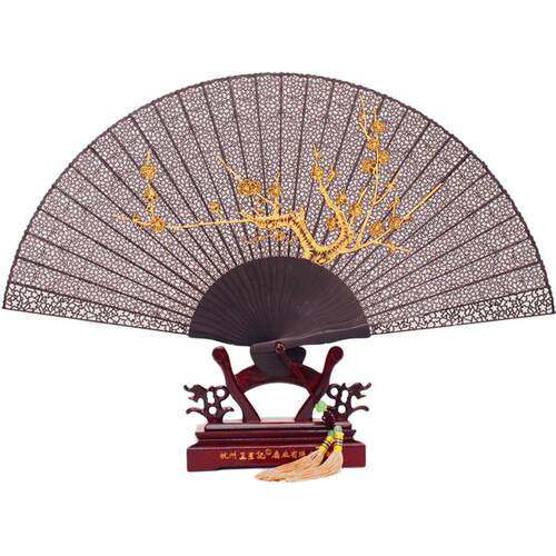 杭州王星记扇子乌木檀香扇 手绘镂空雕刻工艺扇中国风折扇礼品扇