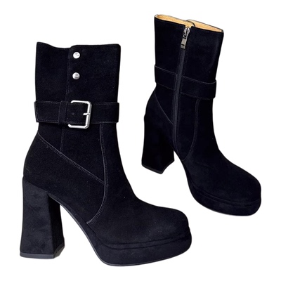 2025新款黑色真皮粗跟高跟短靴