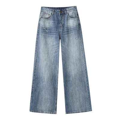 拉夏贝尔美式破洞阔腿牛仔裤女春