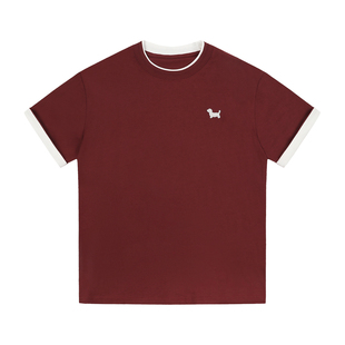 BIPOLAR绣花腊肠狗撞色领短袖T恤美式休闲假两件上衣春夏新款男女