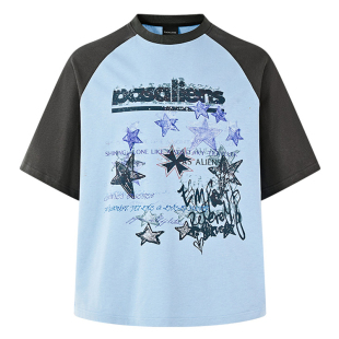 陈奕恒李煜东同款美式复古重磅星星涂鸦印花撞色短袖t恤男潮上衣