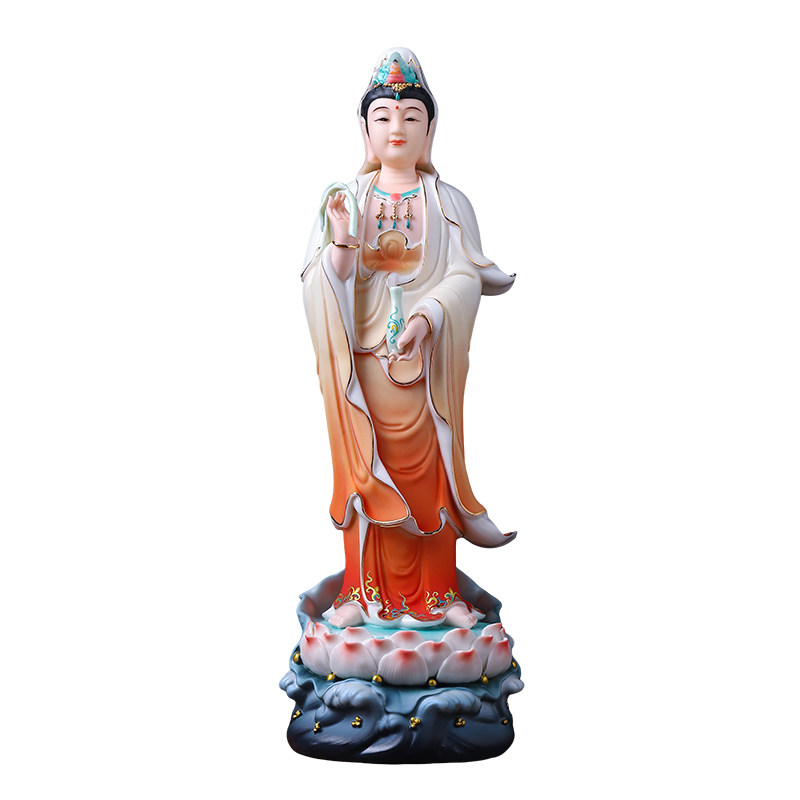 戴玉堂陶瓷《立莲杨枝渡海观音橙衣描金彩》家用佛像供奉摆件饰品