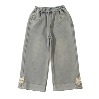 女宝宝冬装洋气翻脚口加绒牛仔裤