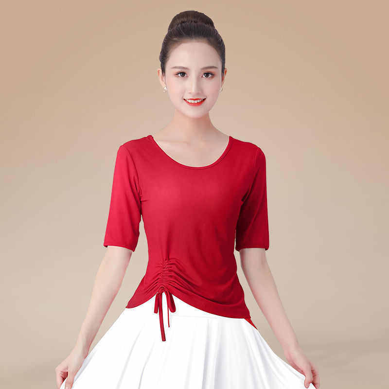 舞蹈练功服上衣女中长袖形体服广场舞抽绳演出服中老年人跳舞衣服