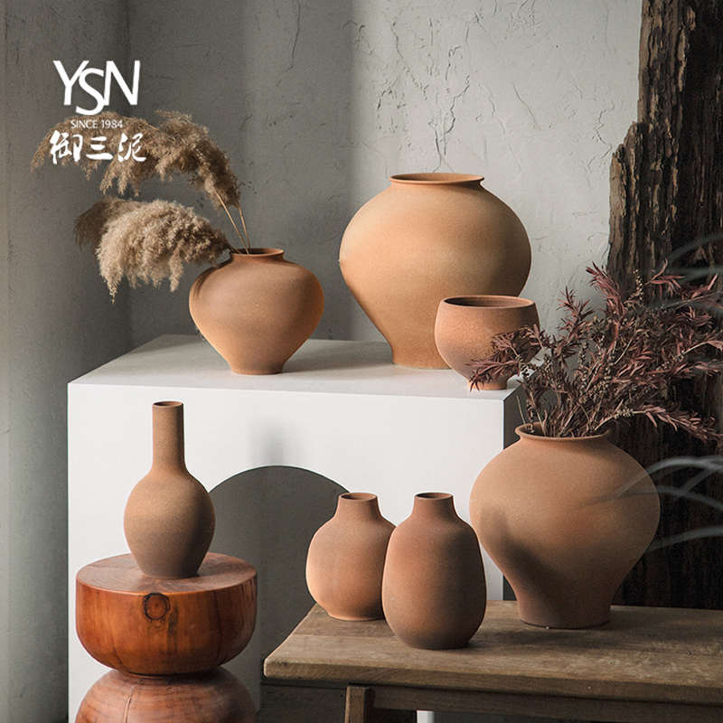 御三泥复古干花插花装饰红陶侘寂风陶罐粗陶花盆落地客厅装饰花瓶