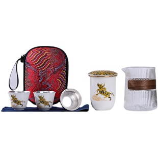 牛气冲天便携式鎏银快客杯一壶三杯旅行茶具套装陶瓷功夫茶具茶杯