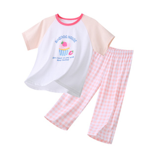 儿童家居服男童睡衣纯棉a类夏季新款女童薄款空调服短袖卡通套装