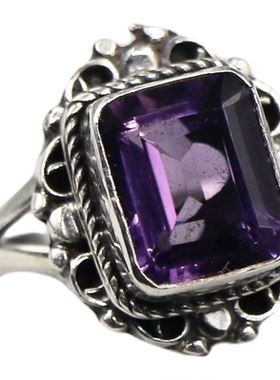 纯银手工紫水晶戒指女复古不过敏