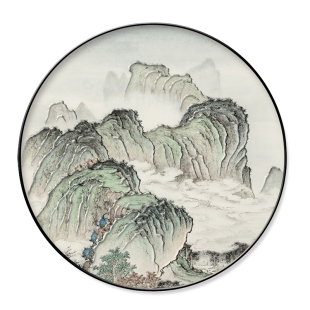 新中式玄关装饰画圆形意境山水挂画客厅走廊入户门茶室餐厅浮雕画